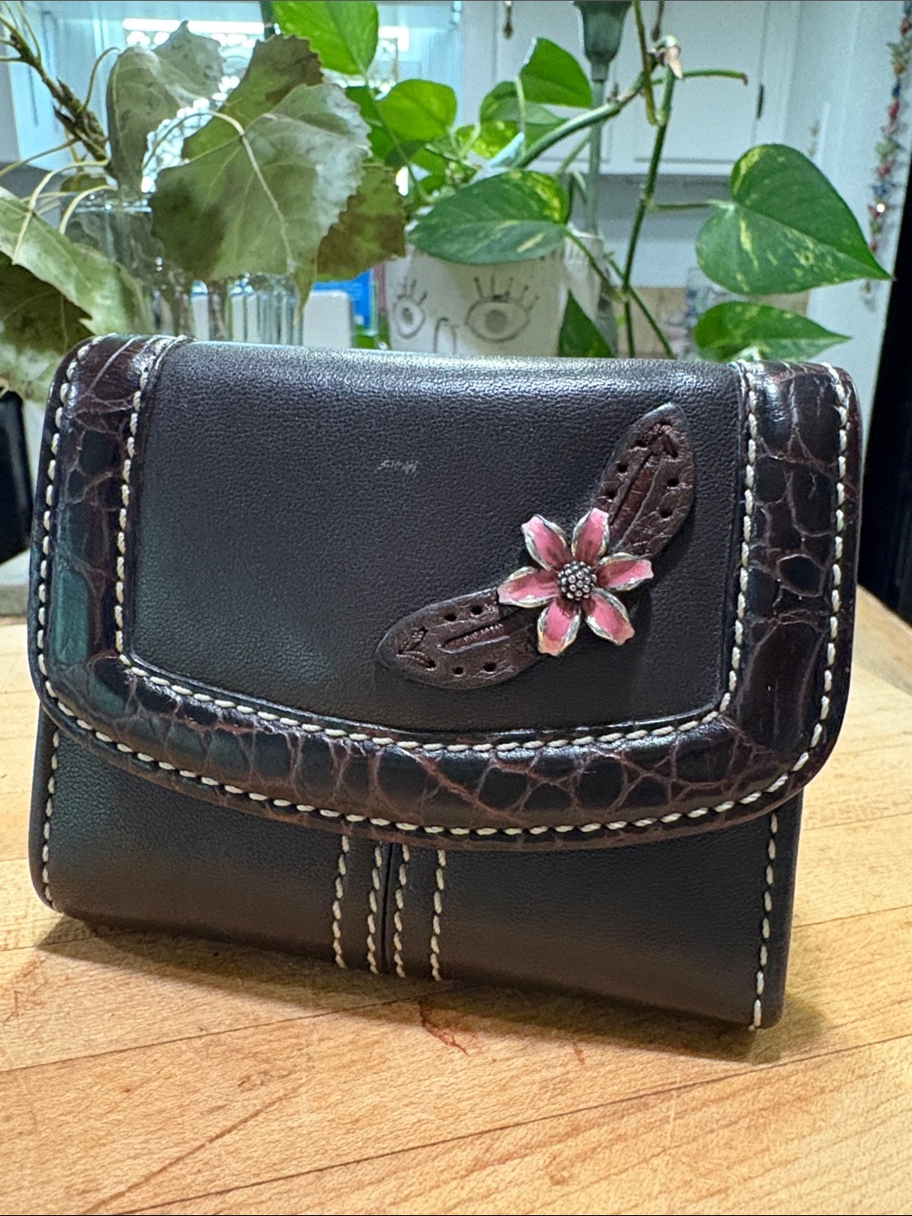 Brighton Brown Leather Wallet with Pink Flower Accent